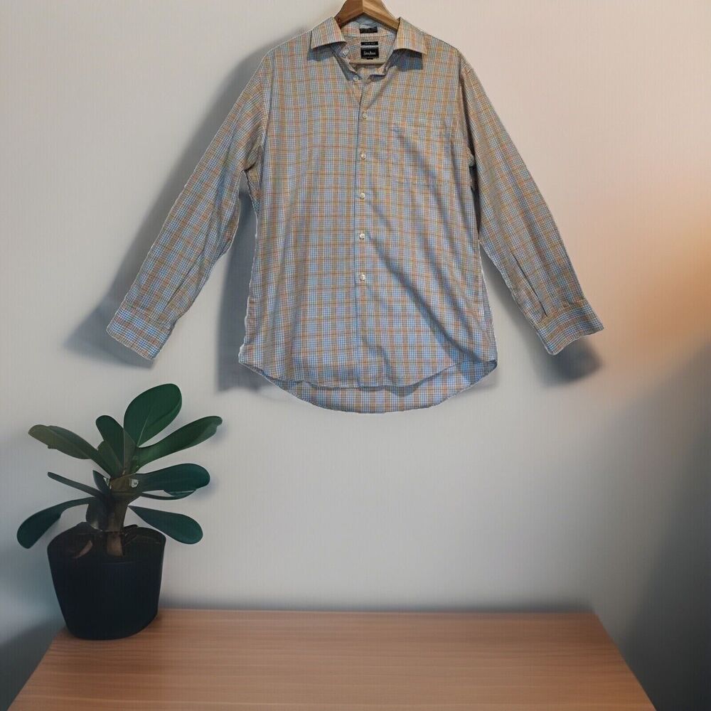 Neiman Marcus Mens‎ Medium Orange Blue Trim Fit Cotton Button Up Shirt 16 32/33